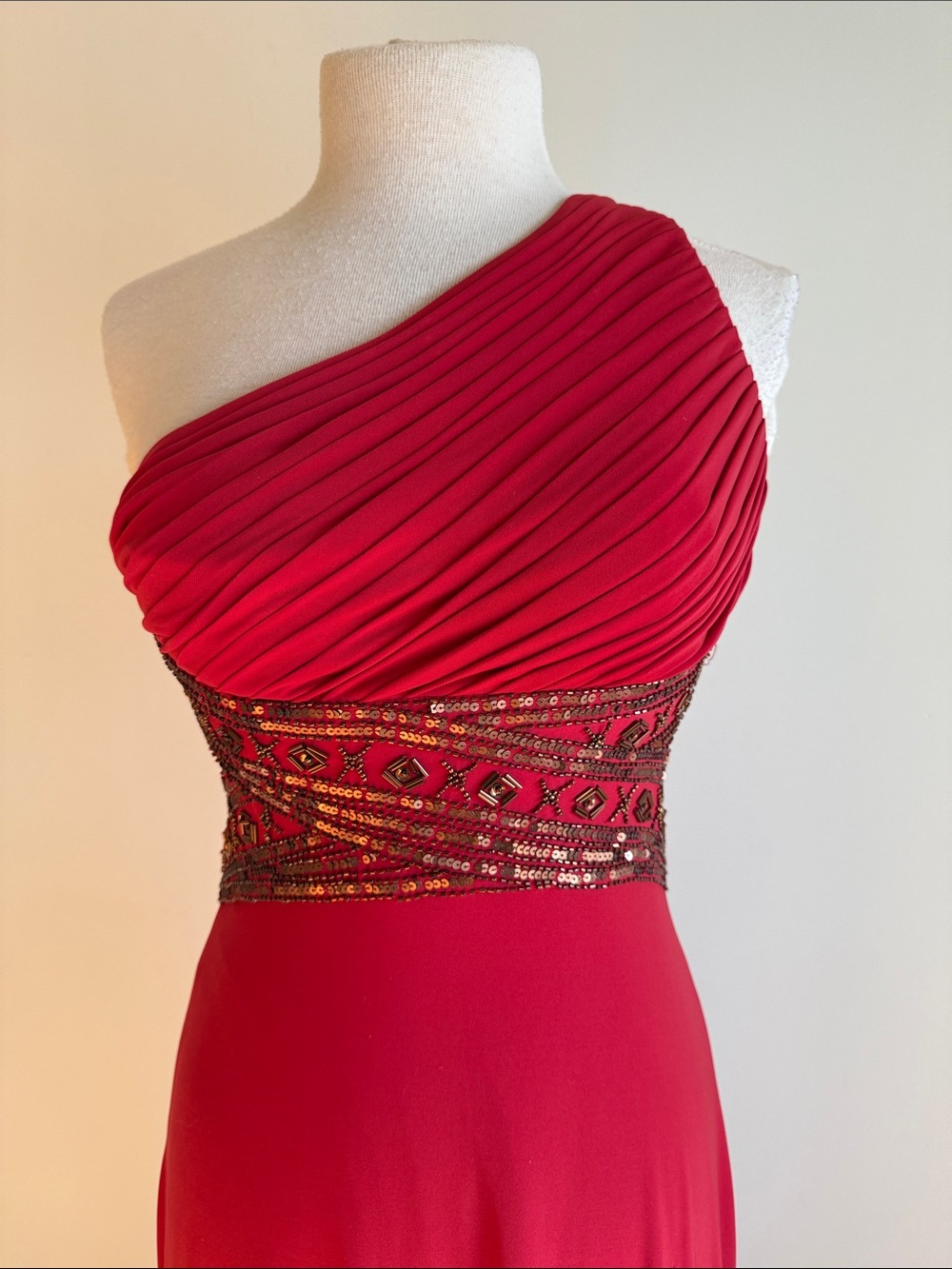 Asymmetrical One-Shoulder Red Evening Gown with Beaded Waist - Picture 2 of 9